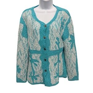 Joni B Turquoise Silver Popcorn Texture Button Up Cardigan Sweater Womens Medium